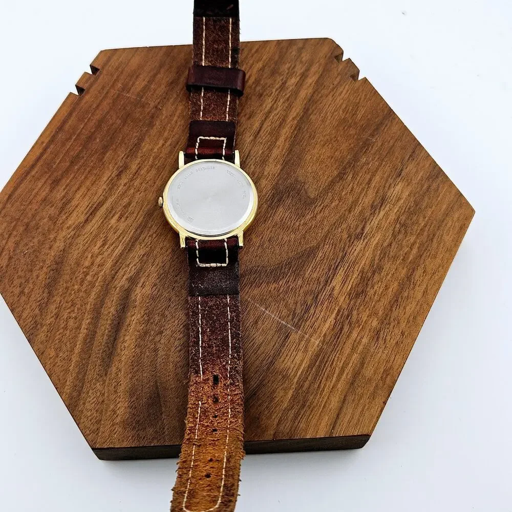 Vintage Disney Mickey Mouse 60 Year Wrist Watch Gold Tone Brown Leather Band